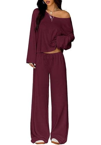 TDCoool Two Piece Matching Lounge Sets For Women Vacation Airport Fall Outfits Off Shoulder Sweatshirt Wide Leg Sweatpant Set - Image 1