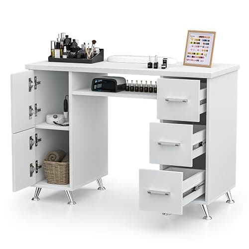 White Nail Desk for Nail Tech,Acetone-Resistant Manicure Table Nail Tech Desk with Drawers Nail Tech Table Station Storage Cabinet, Open Drawer, Wrist Pad, Metal Legs, for Beauty, Salon, Spa Makeup - Image 1