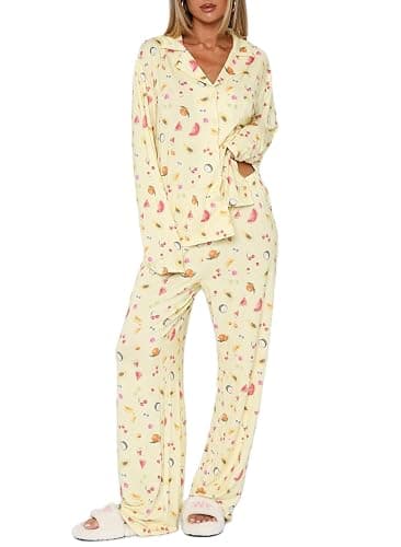 Giraropa Women Fruit Pajamas 2 Piece Pajama Sets Long Sleeve Button Down Shirt Elastic Waist Pants Set Loungewear - Image 1