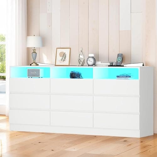Auromie 9 Drawers Dresser, Double Modern Chest of Drawers with Power Outlet, Dresser TV Stand with Led Light Strip, Drawer Organizer for Bedroom, Living Room, Hallway (White, 9 Drawer) - Image 1