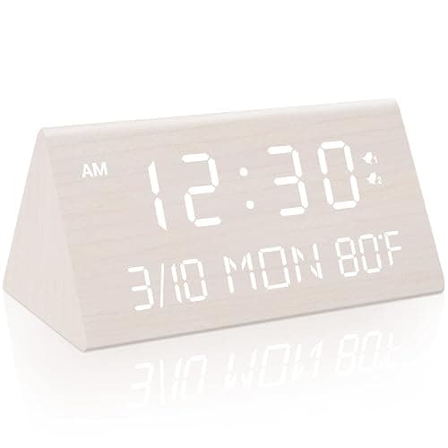 Kogonee Wooden Digital Alarm Clock, 0-100% Dimmer, 2 Alarm Settings, Weekday/Everyday Mode, 9 Mins Snooze, 12/24H, Temperature and Date Display for Office, Travel, Bedroom Alarm Clock (White) - Image 1