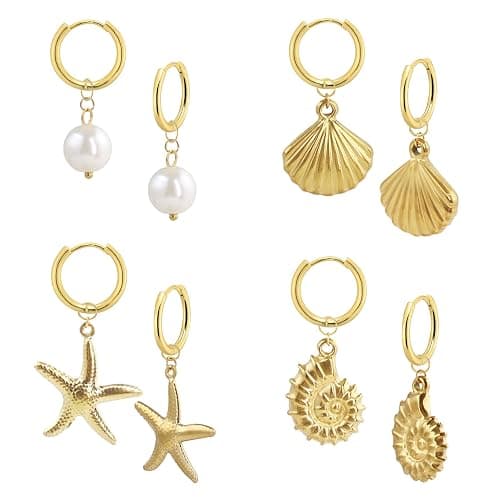 4 Pairs Gold Huggie Hoop Earrings for Women, 14K Real Gold Stainless Steel Summer Beach Jewelry Starfish/Pearl/Clam/Conch Dangle Hypoallergenic Earrings - Image 1