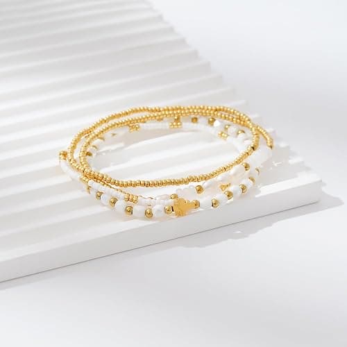 Pymach Dainty Gold Plated Pearl Crystal Beaded Bracelets Set for Women 14K Gold Plated Bead Pearl Beads Bracelet Stackable Paperclip Link Chain Bracelets Gold Plated Bracelets for Women Trendy Jewelry - Image 1