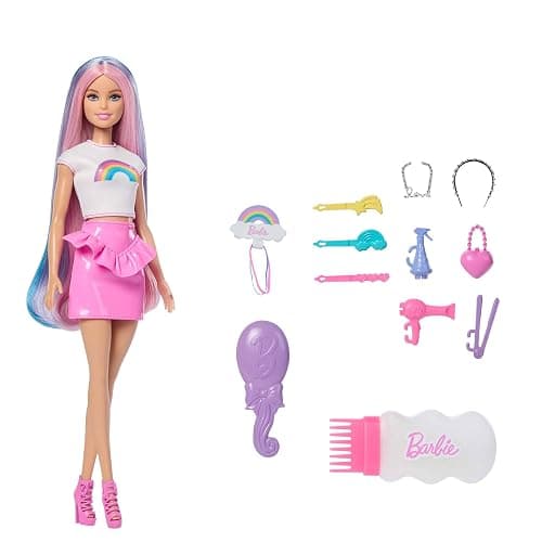 Barbie Rainbow Sparkle Hair Doll, Extra-Long and Colorful Hair with 12 Styling Accessories like Glitter Tube, Brush, Clips, Hair Dryer and More, JJP07 - Image 1