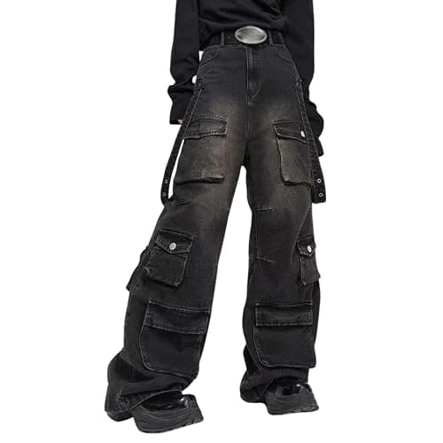 Hugboom Baggy Cargo Pants for Men Women Wide Leg Jeans Y2k Hip Hop High Waisted Pants Casual Streetwear Grunge Clothes Black - Image 1