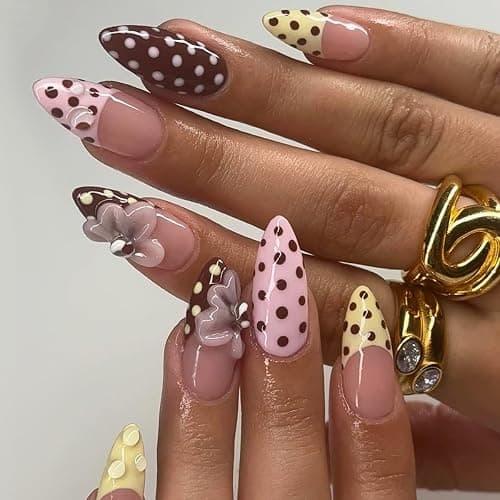 Polka Dot Press on Nails Medium Almond Fake Nails Polka Dot French Tip False Nails 3D Flower Design Full Cover Glossy Glue on Nails for Women 24PCS - Image 1