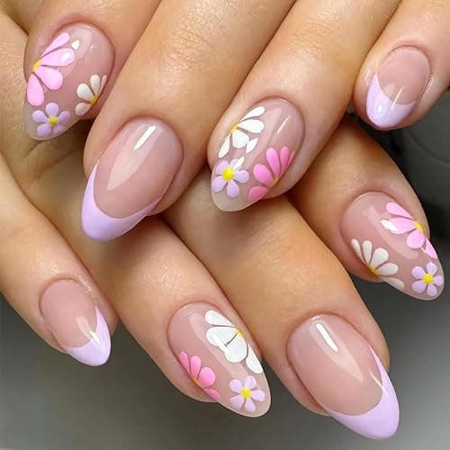Short Press on Nails Almond Fake Nails French Tip Colorful Daisy Flowers False Nails Full Cover Acrylic Nude Pink Glue on Nails Summer Nail Art Decoration DIY Manicure Tips for Women and Girls 24Pcs - Image 1