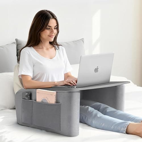 OPTIXCELL Reading Pillow for Gaming with Ergonomic Arm Rests, Wooden Lap Desk for Laptop, Support Pillow with Side Pockets for Reading, Writing, Working, Gaming on Bed, Couch or Floor (Gray, Large) - Image 1