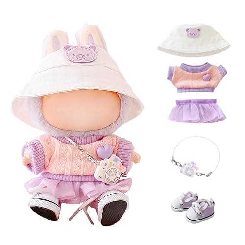 Clothes for Dolls Accessories, Stylish Kawaii Purple Outfit Set 5 Pieces Suitable for 15cm 17cm Doll , Doll Hat Clothing Set Replacement - Image 1