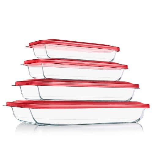 KOMUEE 8 Pieces Glass Baking Dish with Lids Rectangular Glass Baking Pan Bakeware Set with BPA Free Lids, Baking Pans for Lasagna, Leftovers, Cooking, Kitchen, Fridge-to-Oven, Red - Image 1