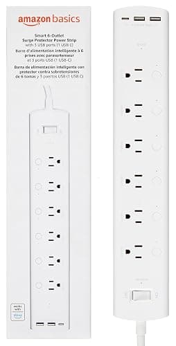 Amazon Basics Smart Plug Power Strip with 6 Individually Controlled Outlets and 3 USB Ports (2 USB-A and 1 USB-C), Works with Alexa Only, 2.4 GHz Wi-Fi, No Hub Required, White - Image 1