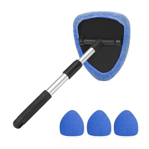 Windshield Cleaning Tool, Car Window Cleaner with Extendable Long Handle and 4 Washable Reusable Microfiber Pads, Auto Interior Exterior Glass Wiper Cleaning Kit Universal for Office and Home (Blue) - Image 1