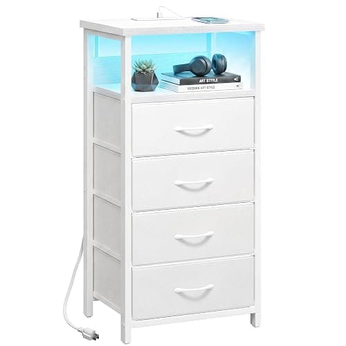 Fixwal Night Stand with Charging Station, White Led Nightstand, 4 Drawers | fabric drawer, built-in bedside charger, 2 AC outlets & 2 USB ports, open top shelf, bedroom furniture, end table - Image 1