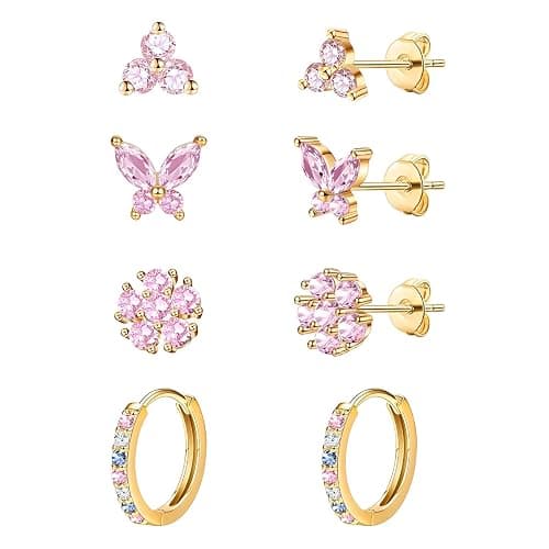 20G Gold Studs Earrings for Women,14K Gold Plated Hypoallergenic Butterfly Earrings for Girls,4 Pairs Flower/Butterfly/Cubic Zirconia Cute Earring and Trendy Huggie Hoop Dainty Multipack Earring Sets - Image 1