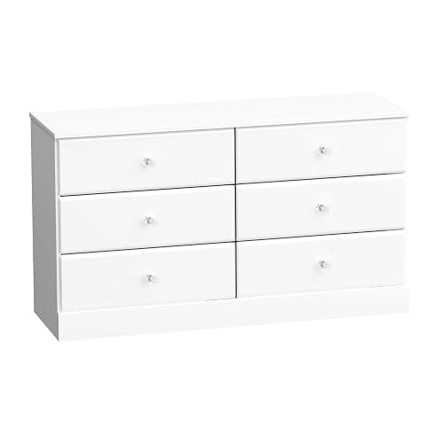 Prepac Astrid 6 Drawer Double Dresser for Bedroom with Crystal Knobs, Wide Chest of Drawers, Bedroom Furniture, Clothes Storage and Organizer, 15.5" D x 47.5" W x 26.85" H, White - Image 1