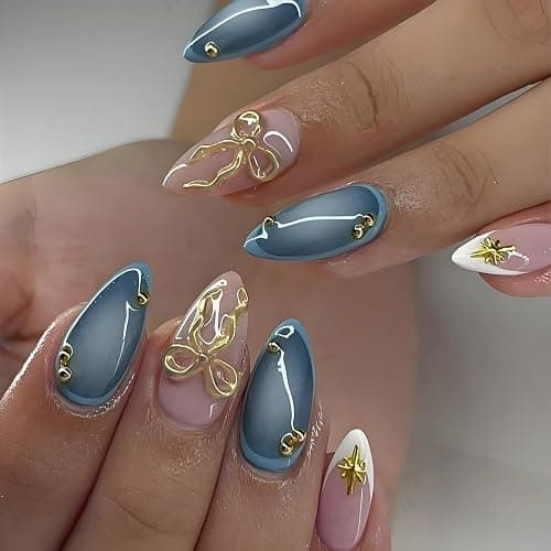 LPOODDNU 3D Gold Bow Star Press on Nails Almond - Medium Blue Fake Nails with French Tip Designs, Glossy Finished Reusable False Nails with Adhesive Glue Tabs - 24Pcs Nail Kit for Women Manicure - Image 1