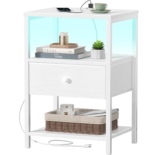 BOLUO White Nightstand with Charging Station, LED Night Stand with Fabric Drawers and Shelf, Bedside Table with USB Ports and Outlets, Bedroom Nightstand Modern - Image 1