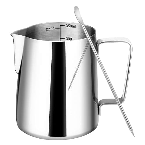 Amrules Milk Frothing Pitcher, 12oz Milk Frother Cup with Clear Scale, 304 Stainless Steel Cappuccino Espresso Machine Accessories for Barista Coffee Bar with Latte Art Pen, Silver - Image 1