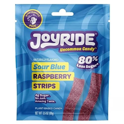 Joyride Sweets Sour Blue Raspberry Candy Strips, 3.5oz Pack, Sour Gummy Candy Strips, 80% Less Sugar, Plant Based Candy - Image 1