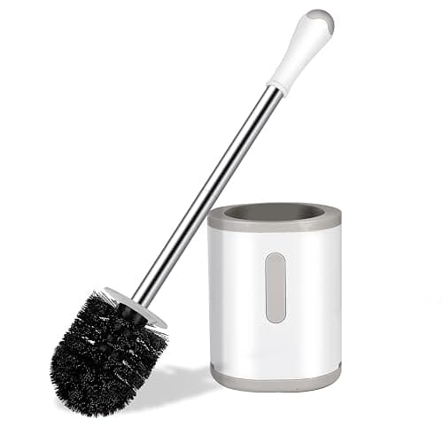AONEZ Compact Toilet Brush & Holder, Stainless Steel Handle, Space Saving for Storage, Deep Cleaning, Drip-Proof, Easy to Assemble, Nylon Bristles, White & Grey - Image 1