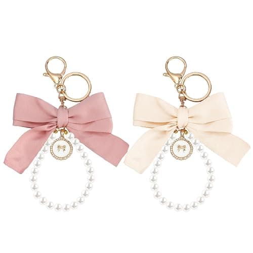 SMUOBT 2Pcs Cute Bow Keychain Wristlet for Women, Pearl Key Chains for Car Keys White Bowknot Keychain Accessories - Image 1