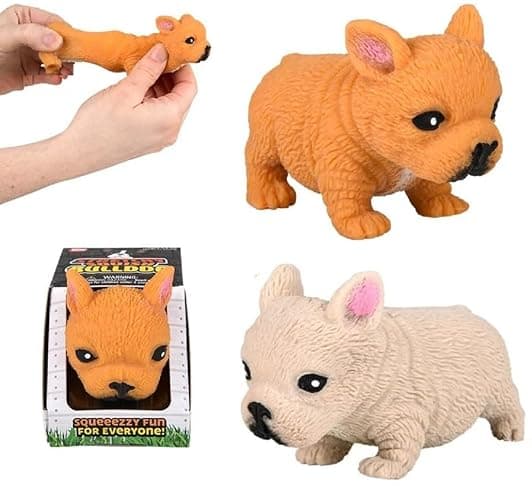 Squishy Stretchy Bulldog (2.5" to 6.5") Rubber Fidget Sensory Toy Filled with Sand. Great Stress Relief Dog Toy for Kids, Adults and Pets. (2 Bulldogs - Tan & Brown Color) - Image 1