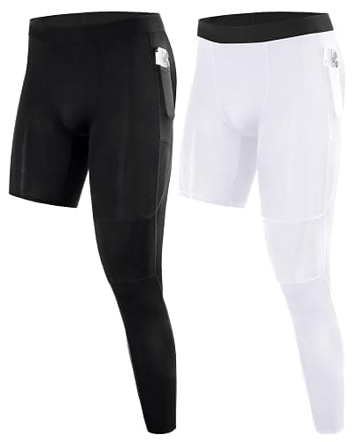 Roadbox Men's Basketball One Leg Tights, 1/2 Single Leg Compression Pants Sports Base Layer Leggings Underwear with Pockets - Image 1