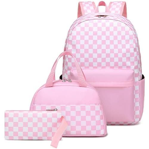 Sugaroom Pink Checkered Backpack with lunch box for Girls with Lunch Box Lightweight School Backpack Kids Bookbags Preschool Primary Elementary Students School Bags Set (Checkered Pink) - Image 1