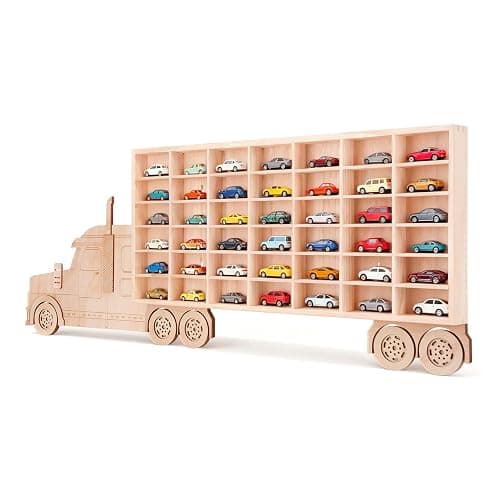Essenhome 3D Wooden Toy Cars Display, Wall-Mounted for 42 Toy Cars, 1/64 Scale Model Car Organizer with Unique Patchwork Design - Image 1