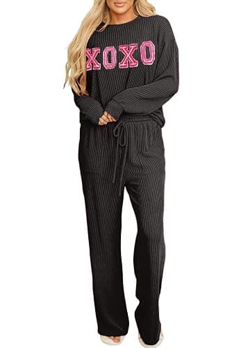 Opemiby Women Pajamas Set Loungewear Ribbed Long Sleeve Top and Pants with Pockets Lounge Sweatsuit Set - Image 1