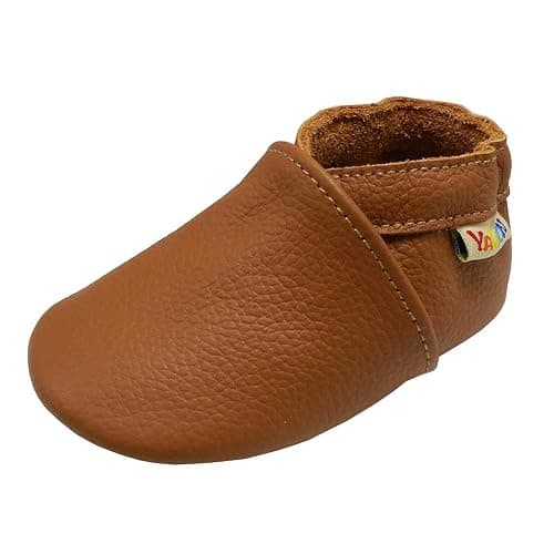 YALION Soft Leather Baby Shoes Moccasins Slip-on Boys Girls Slippers with Elastic Ankle, Anti-Slip First Walking Crib Shoes for Infant Toddlers - 12-18 Months Toddler - Orange-brown - Image 1