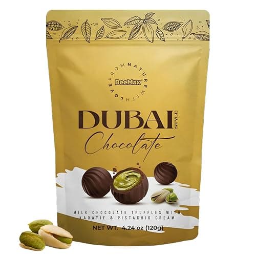 BeeMax Dubai Style Chocolate Truffles - 4.24oz Resealable Pouch (Pack of 1) - Made w/ Premium Milk Chocolate, Pistachio Cream, & Crunchy Kadaifi - Middle Eastern Gourmet Candy - For Gift or Special Occasions - Image 1