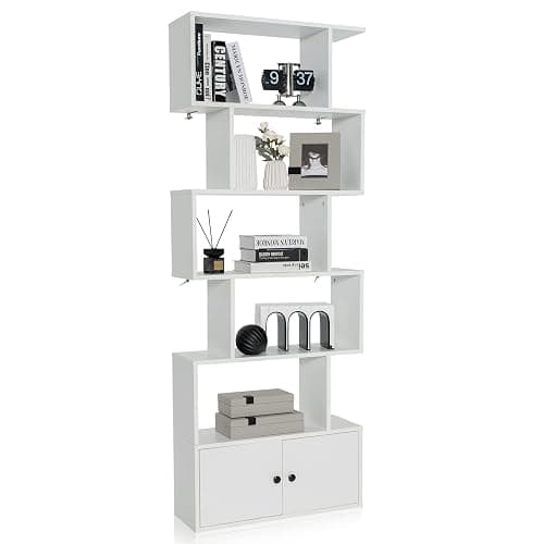 Giantex 6-Tier Geometric Bookcase with Cabinet, Freestanding Display Shelves with Anti-Tipping Device, Wood S-Shaped Bookshelf for Living Room, Bedroom, Study, White - Image 1