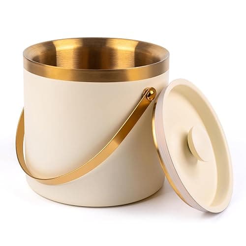 3L beige white Double Wall Insulated Stainless Steel Ice Bucket with scoop for Cocktail Bar,Metal Ice Bucket for freezer with Lid for parties.ice Container to Keep Ice Colder,bar cart accessories - Image 1