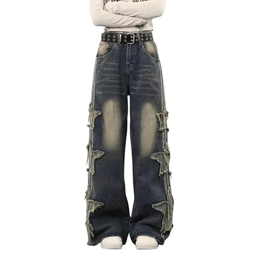 PEAINJ Star Jeans for Women Girls Baggy Cute Patchwork Denim Pants Y2k High Waisted Jeans Grunge Aesthetic Clothes - Image 1