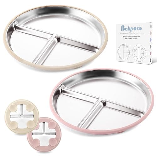 Bakpoco Stainless Steel Baby Plate with Suction, 9” Divided Toddler Plates with Removable Silicone Sleeves for Kids, Non-Toxic Non-Slip Unbreakable Dishwasher Safe Dinnerware Set of 2, Pink & Beige - Image 1