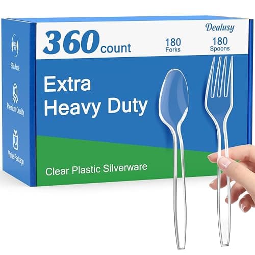 Dealusy 360 Count Extra Heavy Duty Clear Plastic Forks and Spoons, 180 Forks & 180 Spoons, Heat Resistant, Disposable Plastic Silverware Set - Image 1