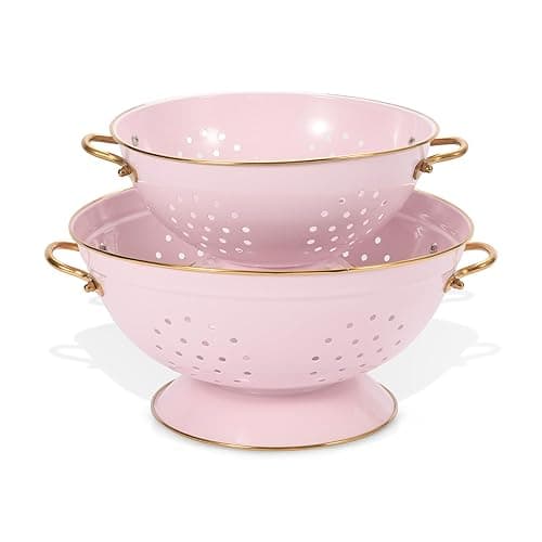 Metal Colander Set of 2, Strainer Basket with Handles 3.5 & 5 Qt Powder Coated Self-draining Solid Ring Base Metal Large Kitchen Colander Bowel for Pasta Vegetable Fruit (PINK) - Image 1