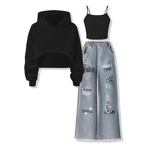 Voxikidio Size 5-10 Years Girls 3PCS Fashion Outfits Set - Cropped Hoodie + Cami Top + Printed Jeans 3-Piece Set - Image 1
