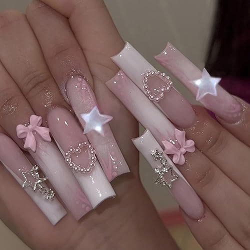 Press on Nails Extra Long Pink French False Nails Pearl Love Heart Fake Nails Artificial Acrylic Nails Bow Tie Stars Design Square Nails Full Cover Reusable Coffin Nails Glue on Nails for Women 24Pcs - Image 1