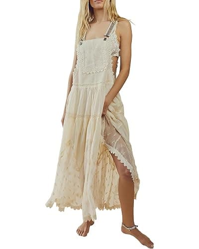 utcoco Women's Summer Laced Embroidered Tulle Bib Overall Dress Casual Loose Adjustable Straps Sleeveless Maxi Dress - Image 1