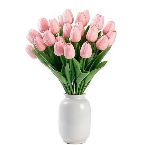 SHUERIET Light Pink Artificial Tulips, 20 Pcs PU Real Touch Faux Flowers | 13.5" tall, 20 bendable stems, fake flowers for Valentine's, birthday, wedding centerpiece, home, vase decor - Image 1