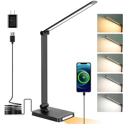LED Desk Lamp with USB Ports,Touch Desk Lamps for Home Office with 5 Color Modes,3 Brightness Desk Light with Small Night Light,Reading Lamp Table Lamp for Bedroom Bedside Study Black (with adapter) - 1-black - Image 1