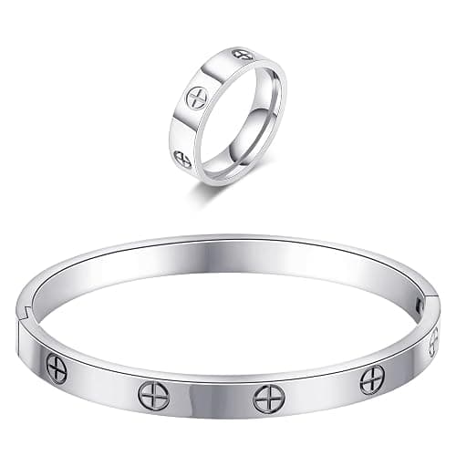 18K Gold Plated Friendship Love Bracelet with Ring Jewelry Set for Women Stainless Steel Cuff Oval Bangle Simple Hinged Cubic Zirconia Stones Bangle Cuff Best Gifts for Mother's Day Valentine's Day Wedding Couples and Birthdays - Image 1