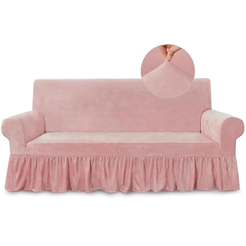 NICEEC Sofa Cover Super Soft 1-Piece Pink Sofa Slipcover for Sofas Stretch Universal Spandex Couch Covers for Living Room Easy Fit Washable Furniture Sofa Protector with Skirt - Image 1
