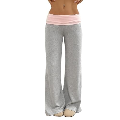 Yoawdats Fold Over Yoga Pants for Women Wide Leg Sweatpants Low Rise Flare Lounge Pant Bell Bottoms Y2K Foldover Pants - Image 1