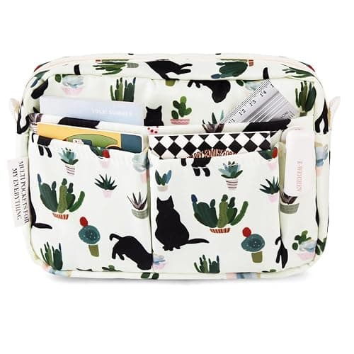 E-WEICHEN Multiple Pockets Portfolio Organizer with Zippered, Makeup Bag Travel Essentials for Women, Simple Waterproof Stationery Pencil Pouch Bag for Journal Office Art Supplies.White Black Cat - Image 1