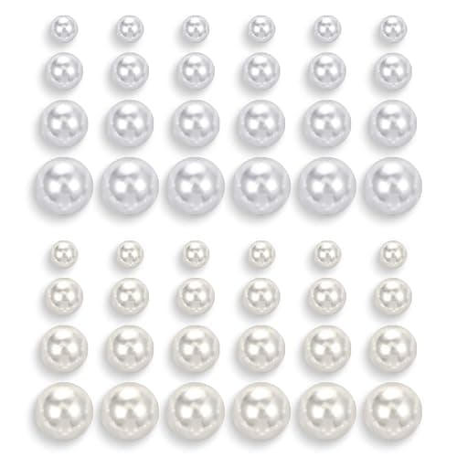 24 Pairs Pearl Studs Earrings for Women, Faux Simulated Pearl Earrings 4 Mixed Sizes Round Ball Pearls Stud Earring Set - Image 1