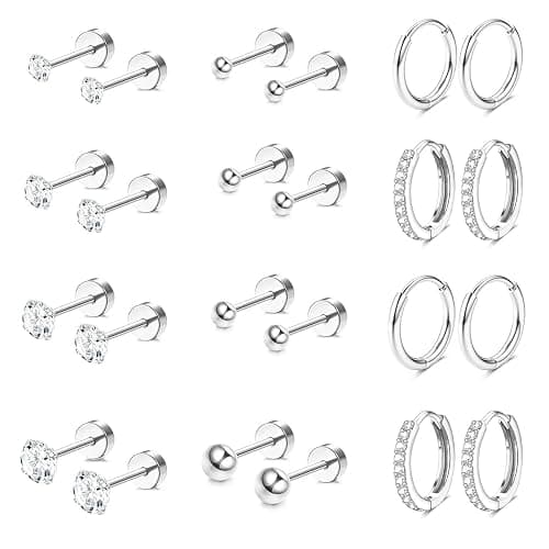 Jstyle Hypoallergenic Surgical Steel Earrings for Sensitive Ears 14K Gold Flat Back Earrings for Women Men Small Stainless Steel Earrings Flatback Stud Hoop Cartilage Earring Set for Multiple Piercing - Silver Tone - Image 1