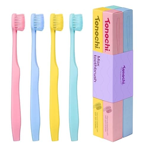 Tonochi Max Extra-Soft Toothbrush for Adults Sensitive Gums – Gentle Bristles, Wide Angled Head for Back Teeth, Ergonomic Non-Slip Grip, BPA-Free Handle, Individually Wrapped,4-Pack (Assorted) - Image 1